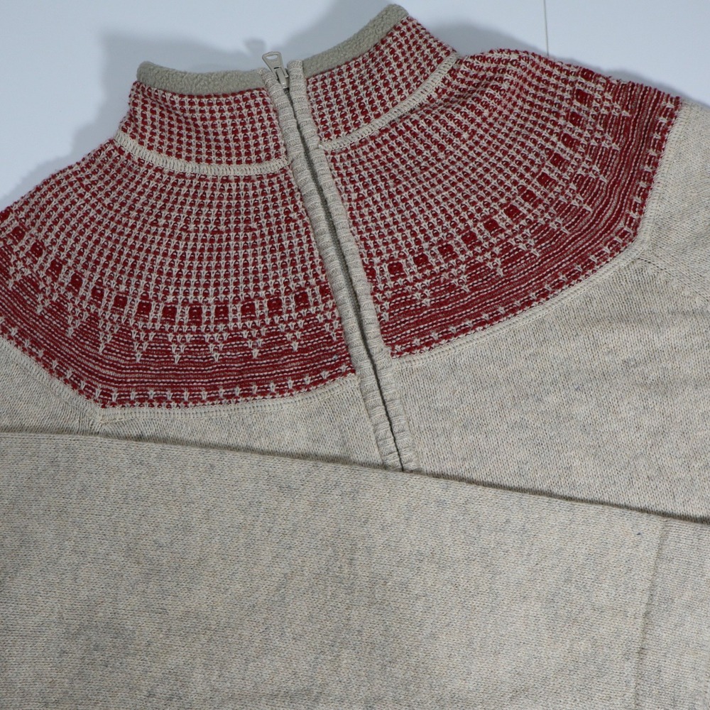 Woolrich Pullover Sweater Womens L Oatmeal Red Fair Isle Quarter Zip Fleece Neck